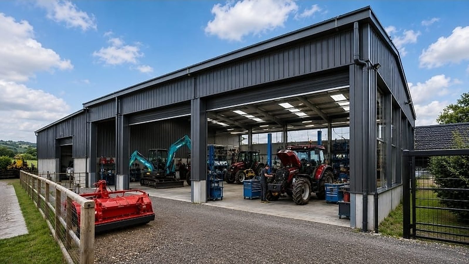 Our building with its bay doors open and machines ready inside