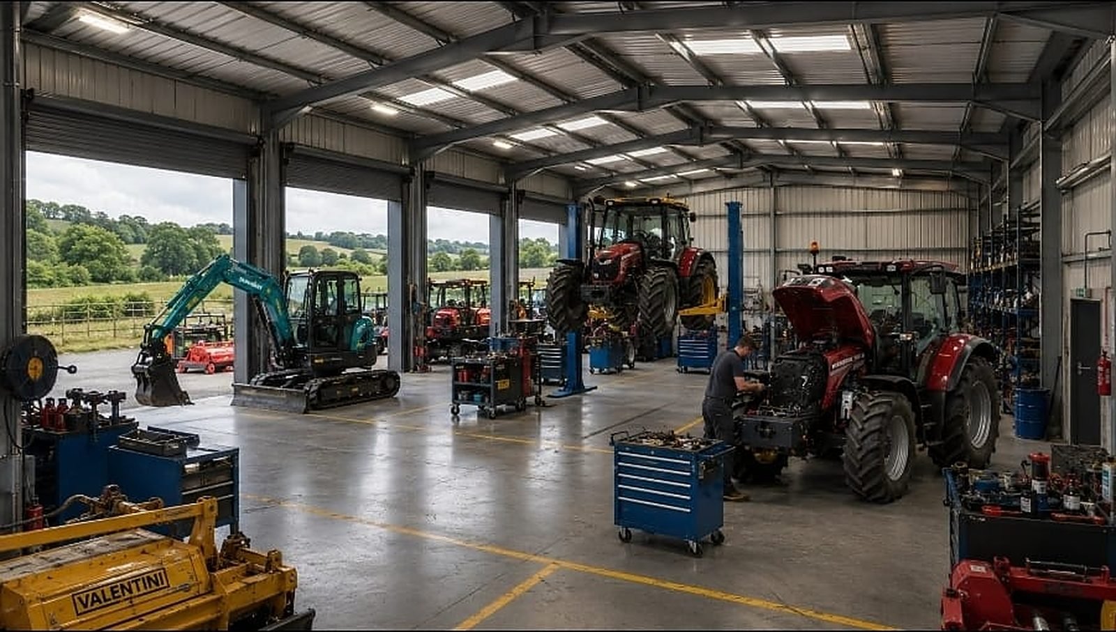 Des tracteurs et une pelle hydraulique en révision dans notre atelier